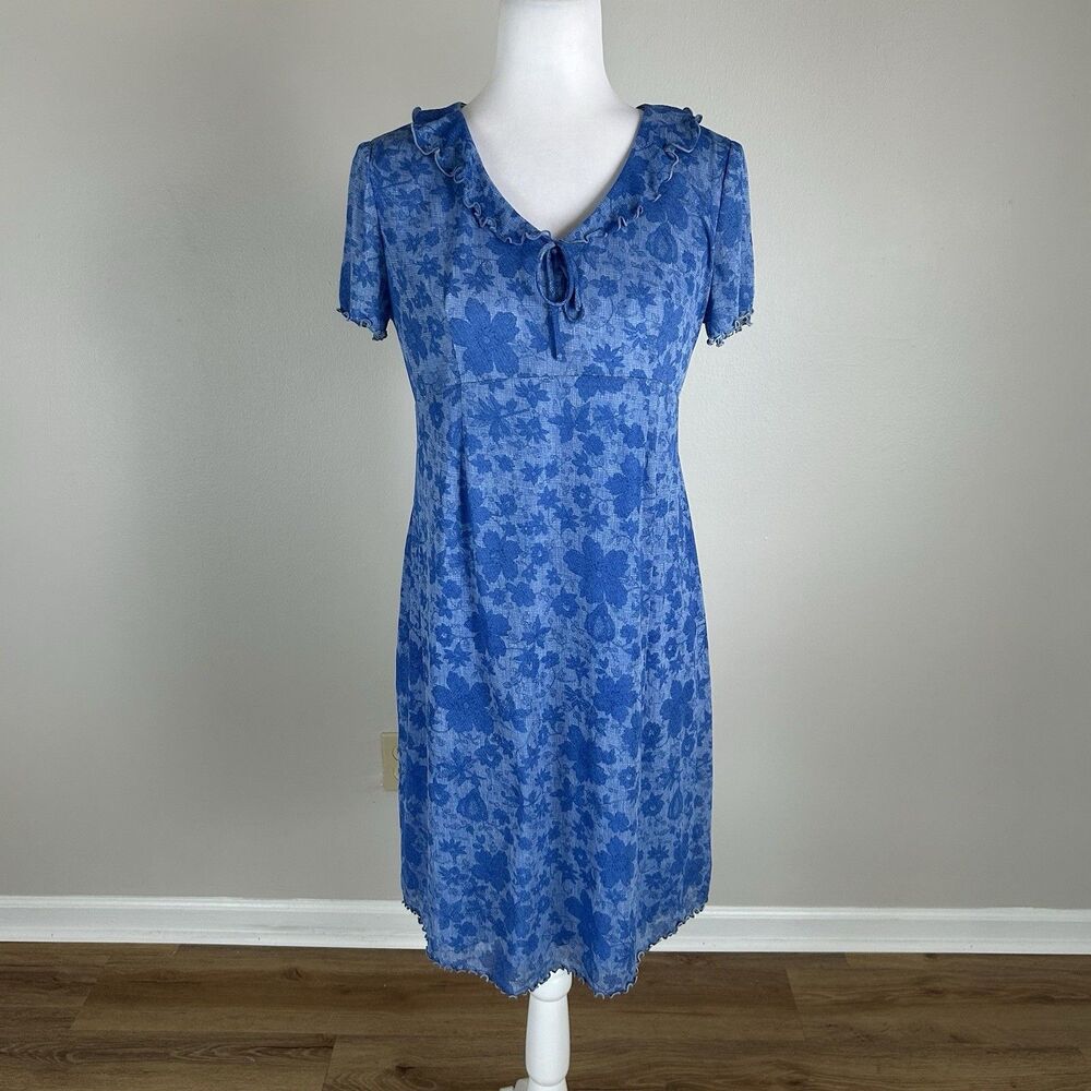 Vintage Motherhood M Maternity Dress Y2k Ruffle Collar Homemaker Y2K Cottage Blu
